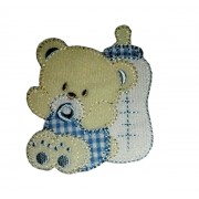 Iron-on Patch - Teddy Bear with Pacifier and Feeding Bottle - Light Blue
